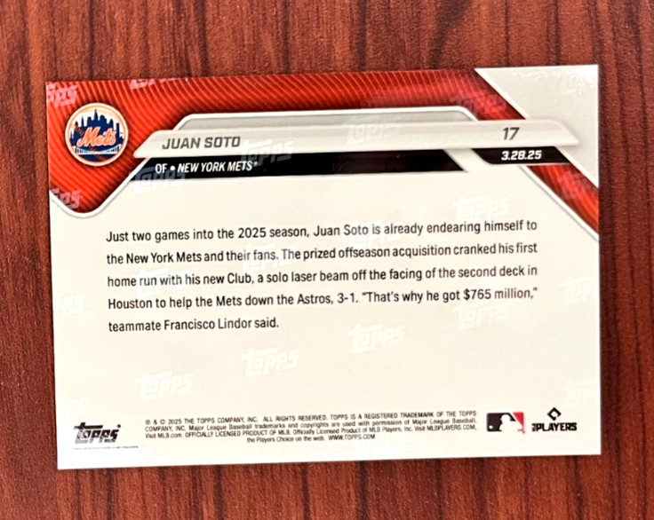2025 Topps NOW JUAN SOTO 1st Home Run With Mets Card #17 PR 10738