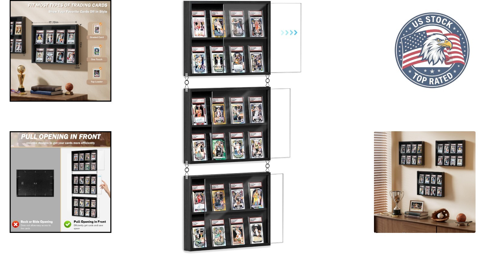 3-Pack Black Wooden Trading Card Display Cases with Acrylic Front for Wall Mount