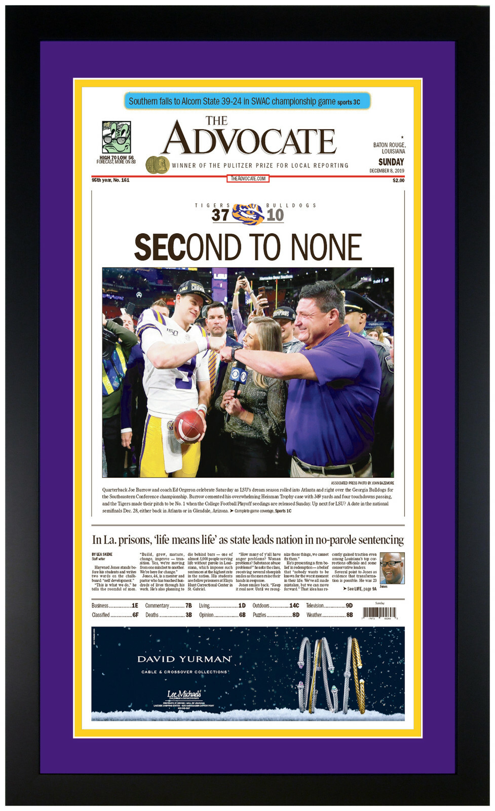 LSU Tigers 2019 SECond to None Champions! Newspaper Art Print Matted & Framed