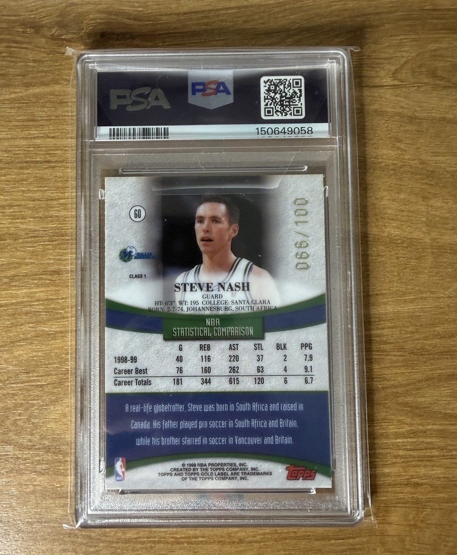 STEVE NASH 1999 TOPPS GOLD LABEL CLASS 1 RED LABEL #60 /100 PSA 9 – POP 4 NO 10S