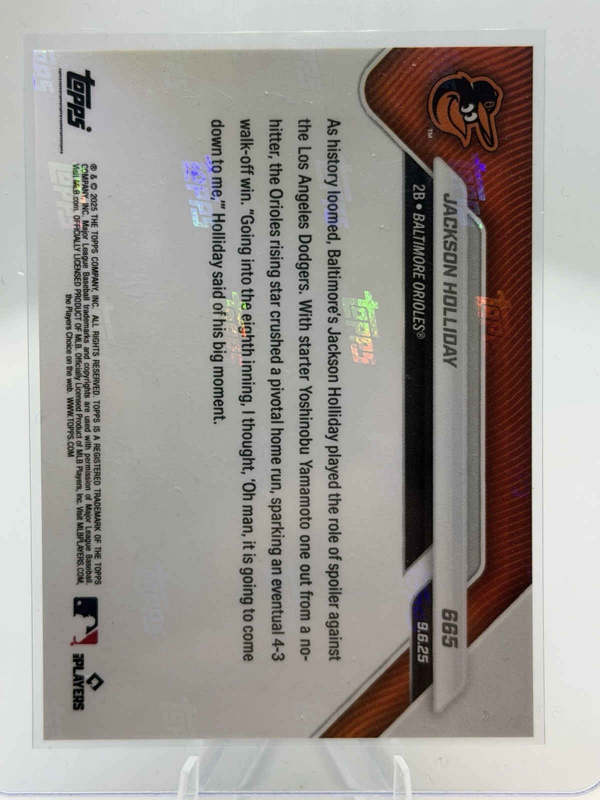 2025 MLB Topps Now #665 Jackson Holliday Batimore Orioles Spoils No Hit