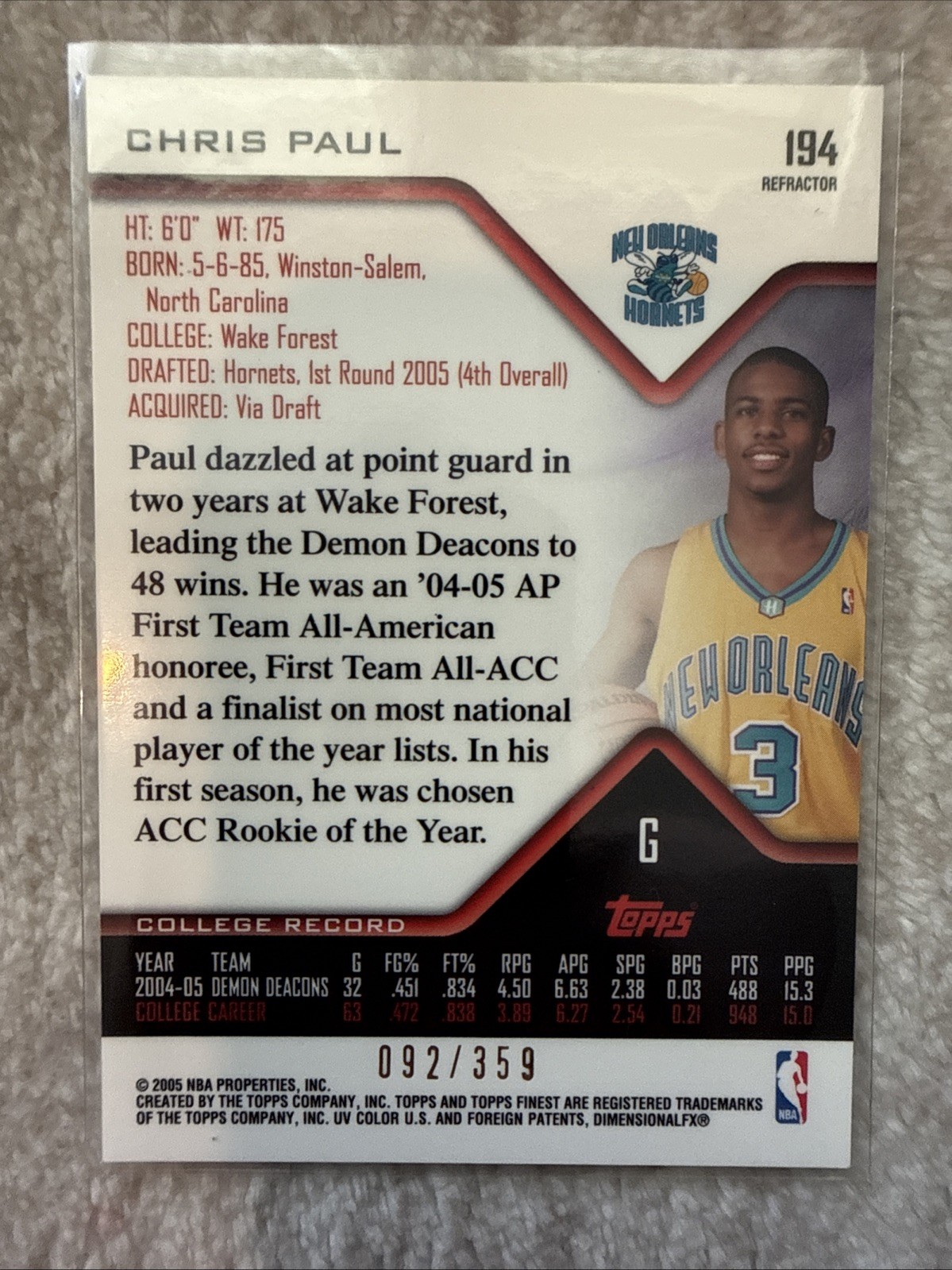 2004-05 Topps Finest – 2005-06 Rookie Chris Paul #194 Refractor /359 (RC)