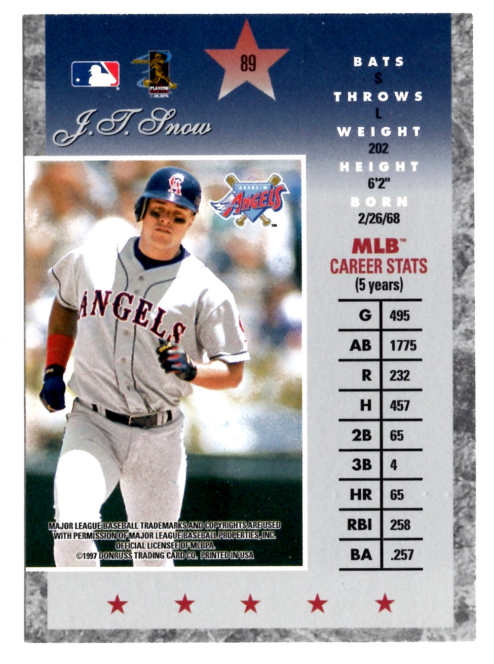 J.T. Snow 1997 Donruss Elite Silver Foil #89 Signed Autographed Auto Card Angels