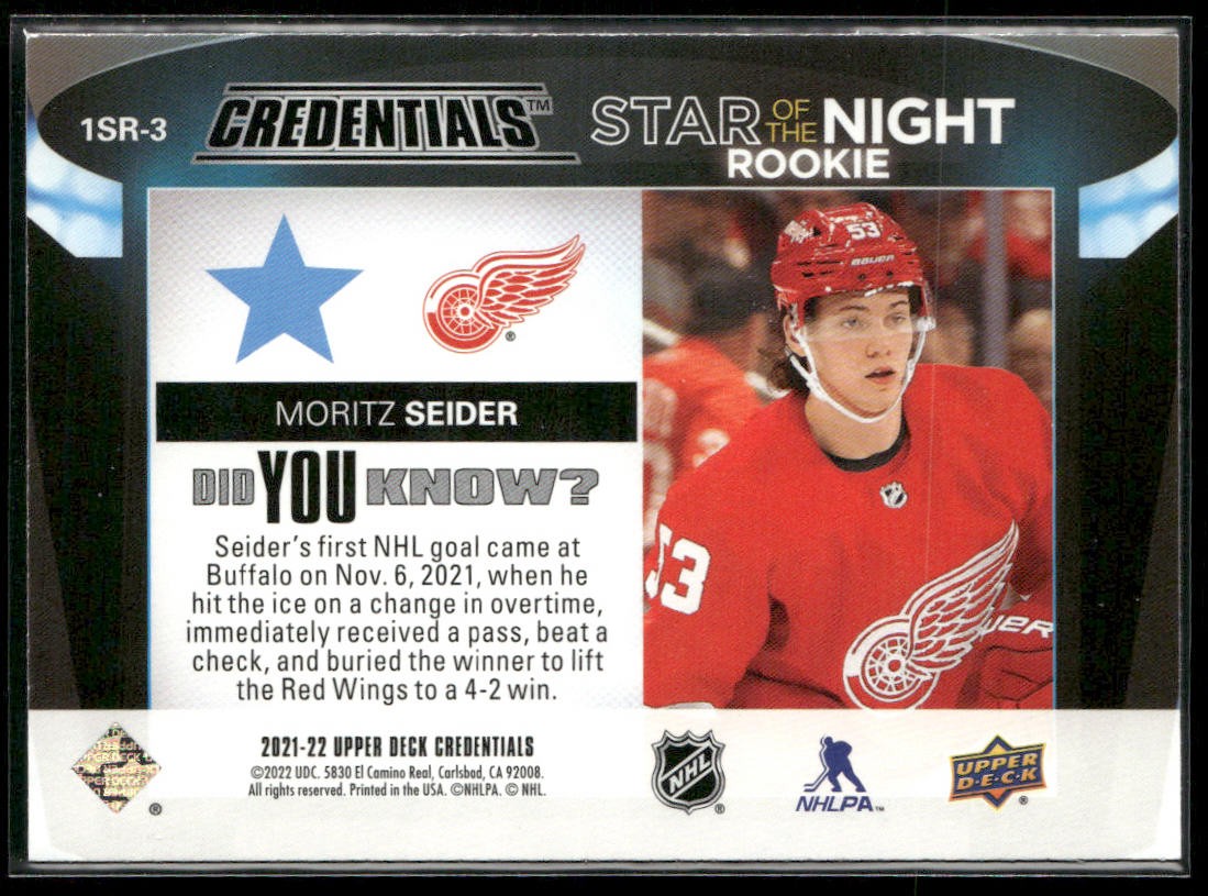 2021-22 Upper Deck Credentials #1SR-3 Moritz Seider Star of the Night: 1st Star