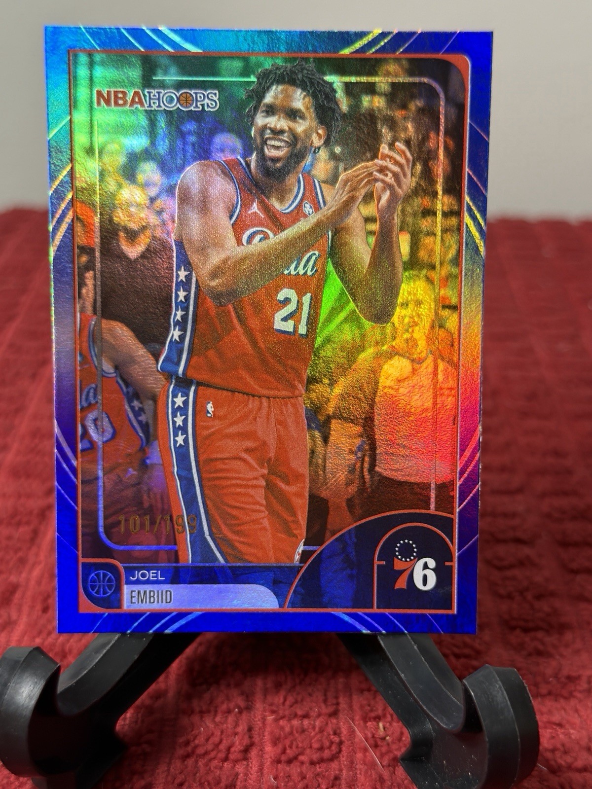 2025-26 NBA Hoops Joel Embiid #9 Rainbow & Blue Foil 101/199 Philadelphia 76ers