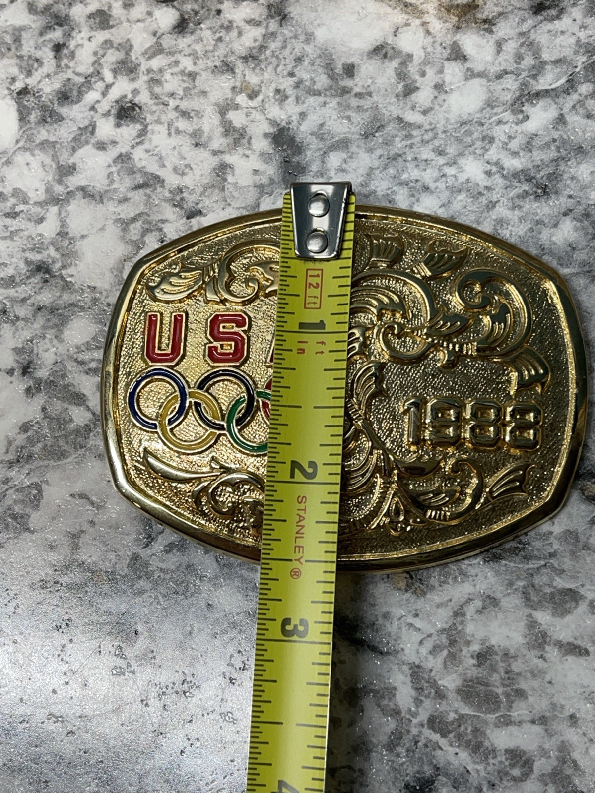 Vintage 1988 Olympic Gold Toned Belt Buckle Made in USA Enameled 3.25″ x 2.5″