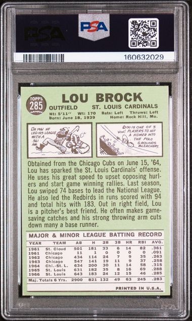 1967 Topps Lou Brock PSA 7 N-M HOF #285 Baseball Card