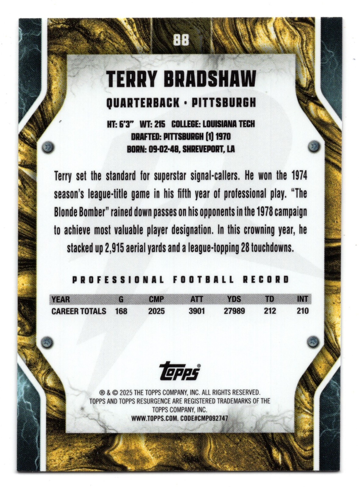 2025 Topps Resurgence TERRY BRADSHAW #88 Navy Surge Refractor /275-Steelers HOF