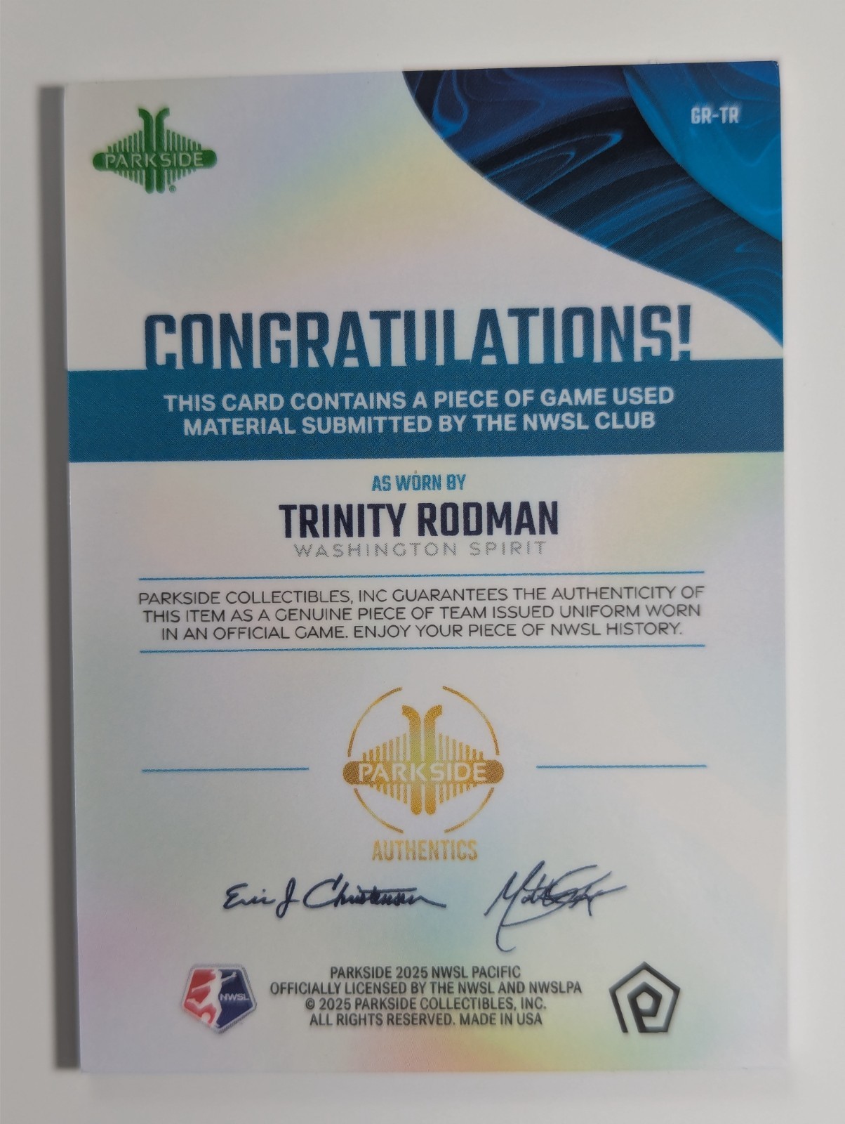2025 Parkside NWSL Pacific Trinity Rodman Game Worn Relic QTY
