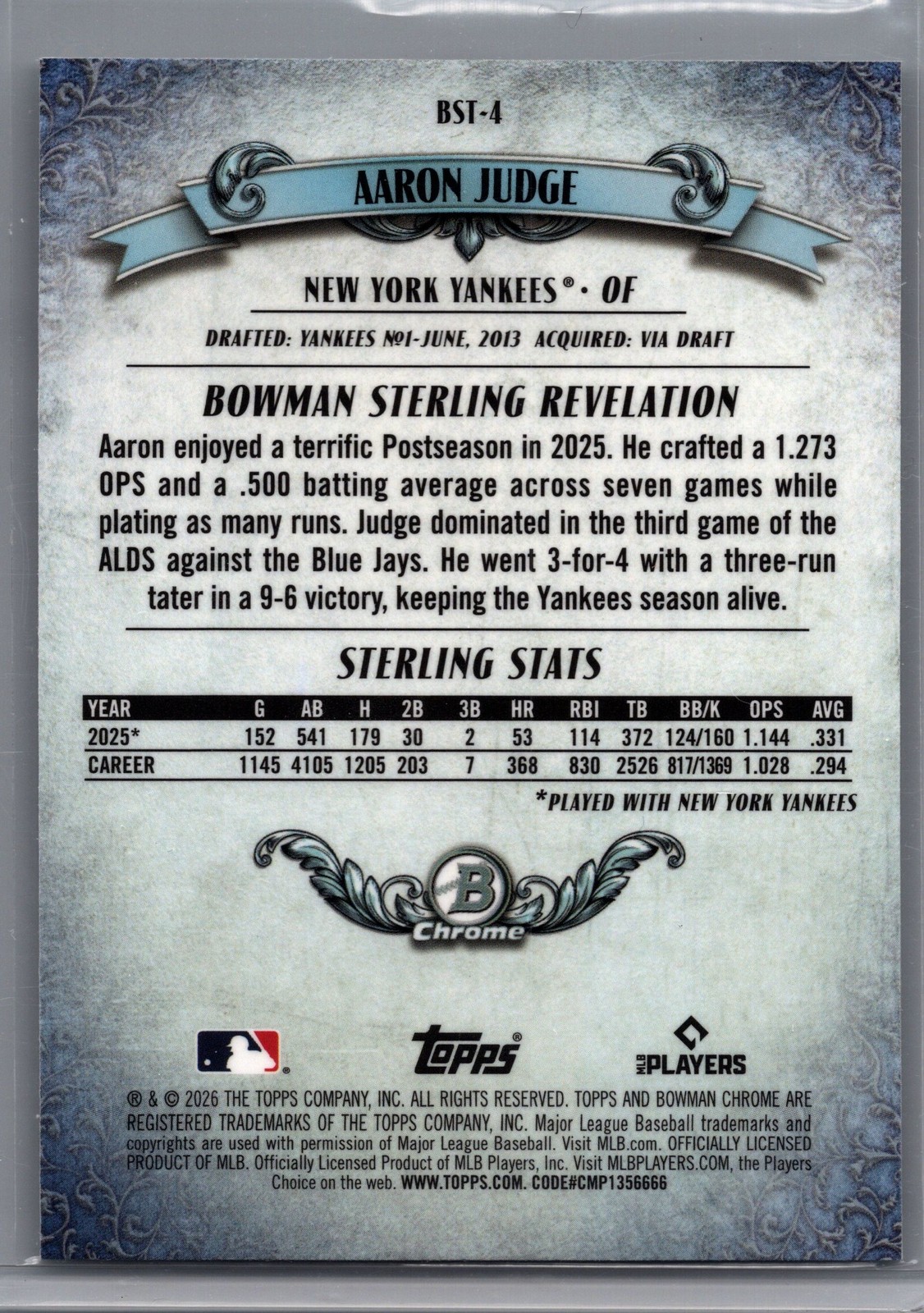 2026 Bowman #BST-4 Aaron Judge Bowman Sterling Mojo Refractor