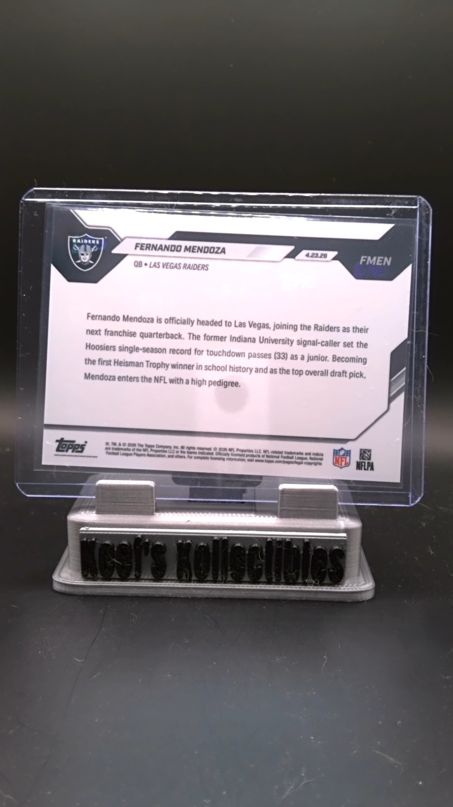 Fernando Mendoza 2026 Topps Now Raiders 1st Overall Pick Rookie RC #FMEN IN HAND