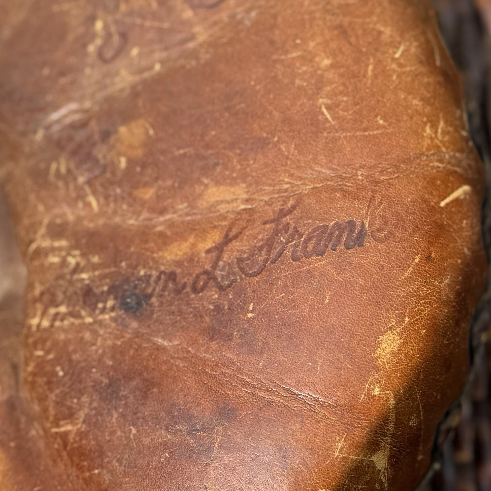 Vintage Leather Baseball Catcher’s Mitt Glove Brown, Name Marked John L. Kram