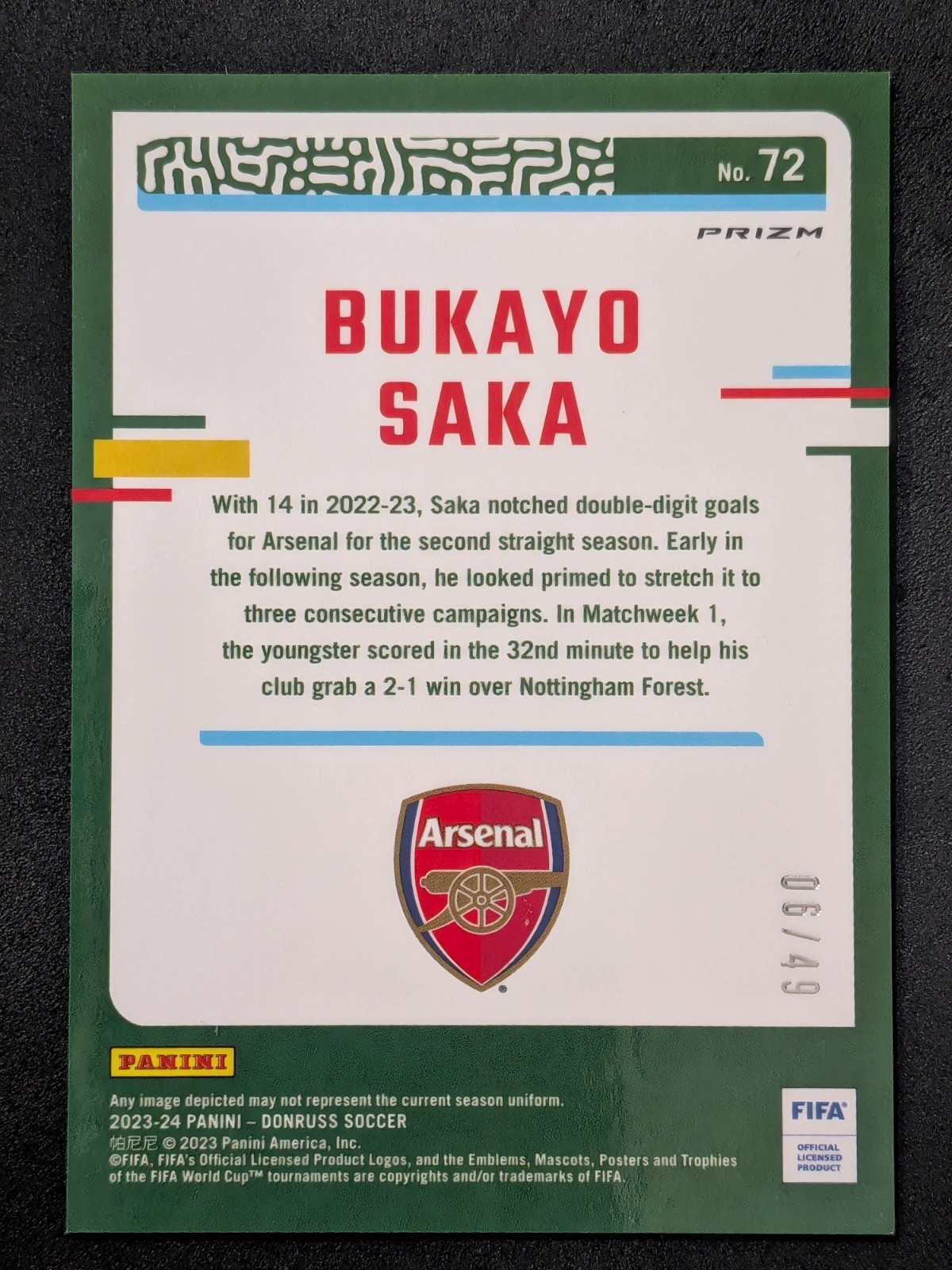 2023-24 Donruss #72 Bukayo Saka Optic Teal Mojo /49 SP Prizm Optic