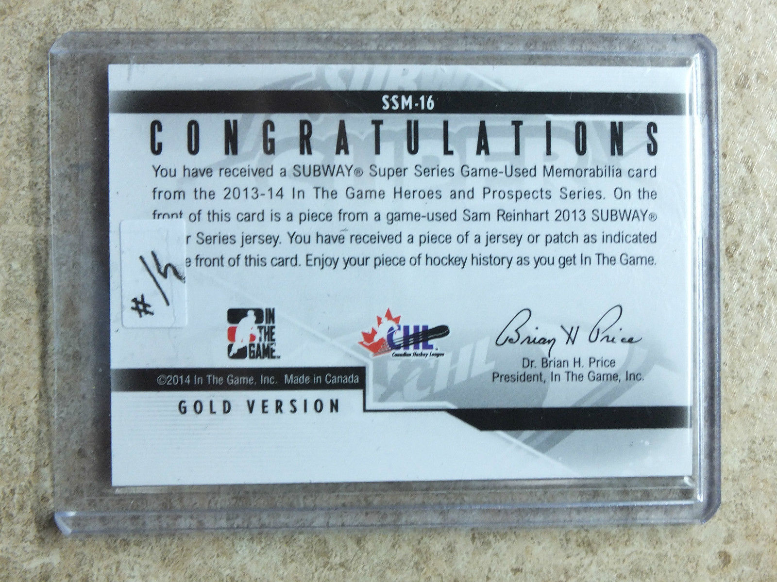 13-14 ITG H&P Heroes Prospects Game-Used Patch GOLD #SSM-16 SAM REINHART /5