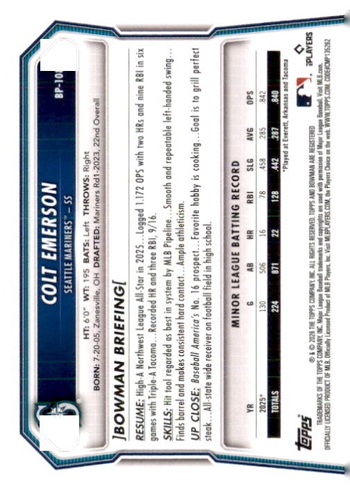 2026 Bowman Paper Colt Emerson Seattle Mariners #BP-108 5 Card Lot