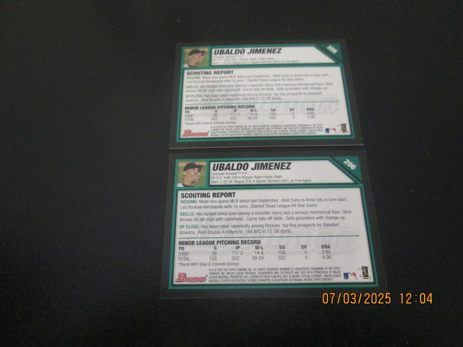 UBALDO JIMENEZ 2007 BOWMAN ROOKIE & GOLD ROOKIE CARDS #206