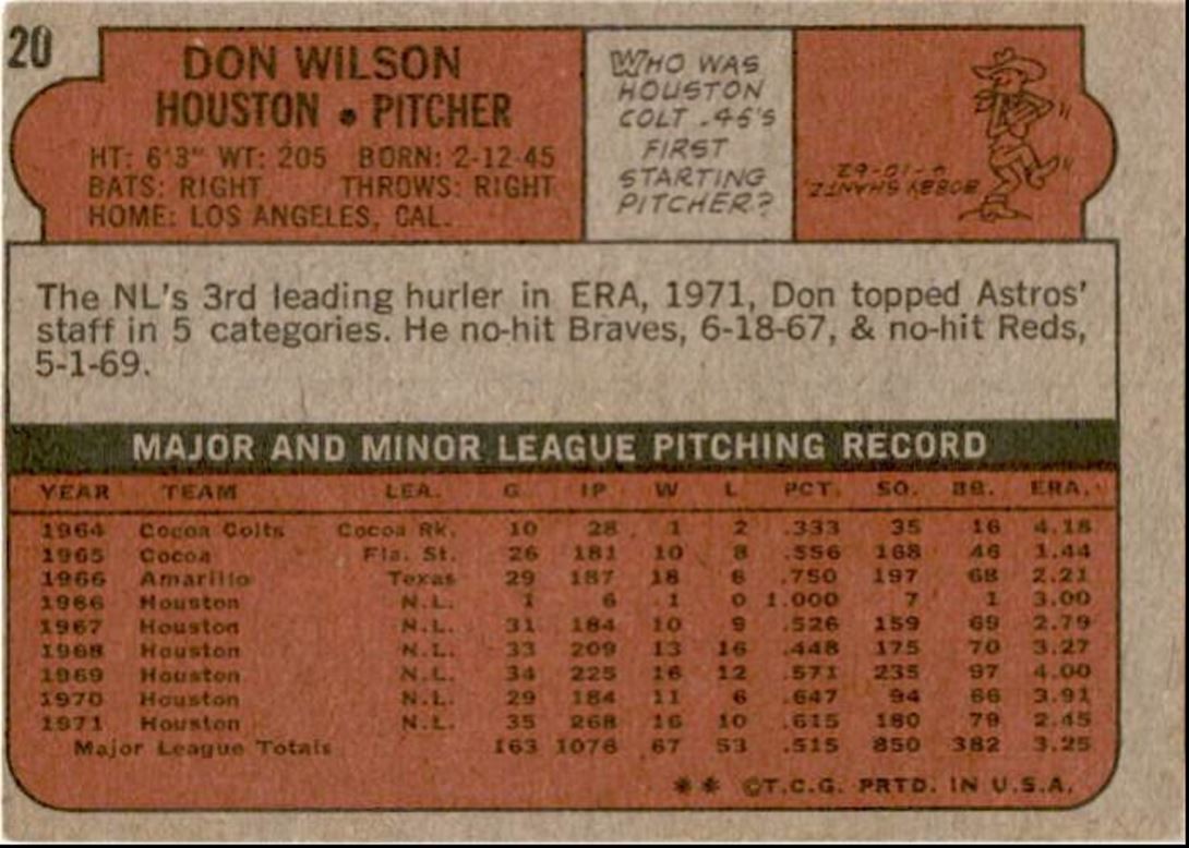 1972 Topps Don Wilson c Houston Astros #20