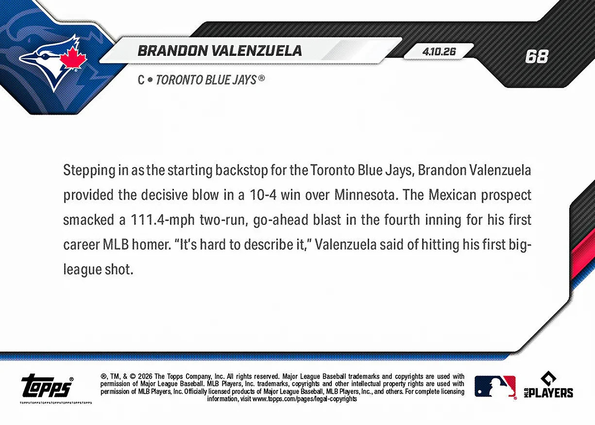 2026 Topps Now Card 68 Brandon Valenzuela 1st MLB Career HR -25 Cents Shipping