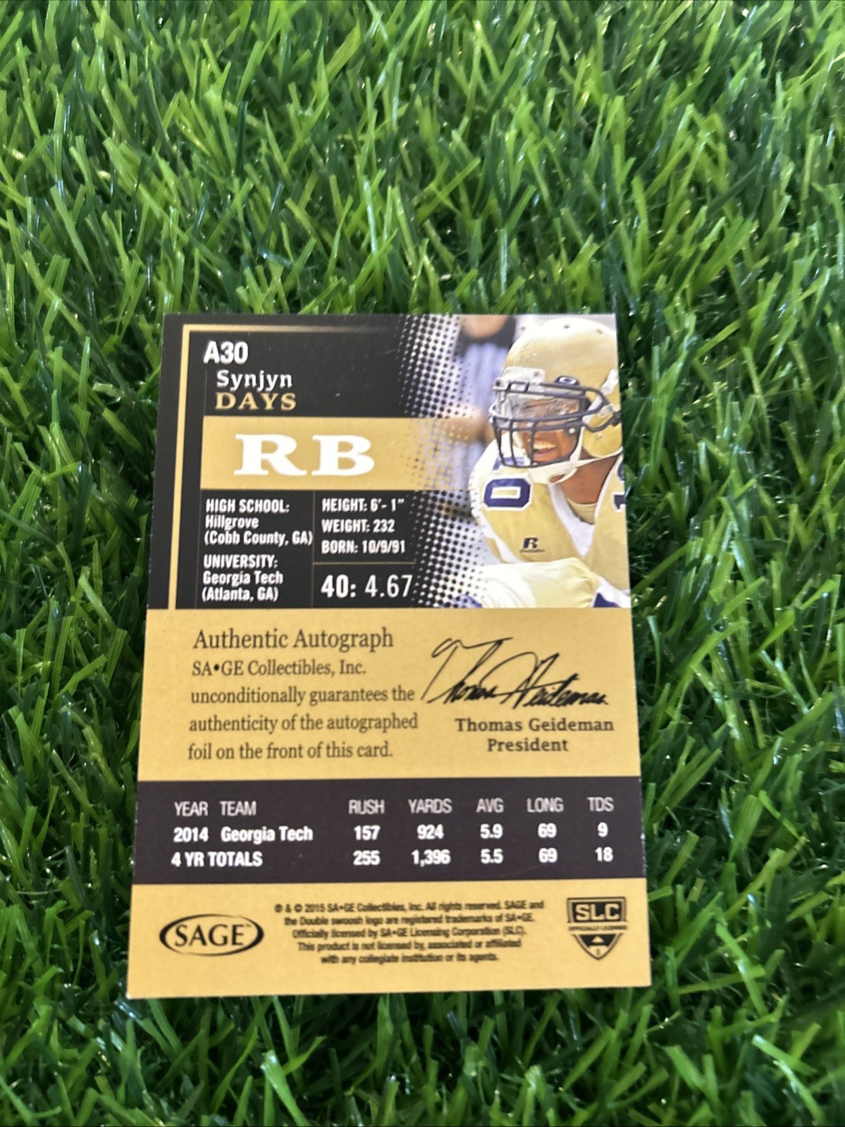 Synjyn Days 2015 Sage Hit Autograph A30 Georgia Tech Yellow Jackets F3