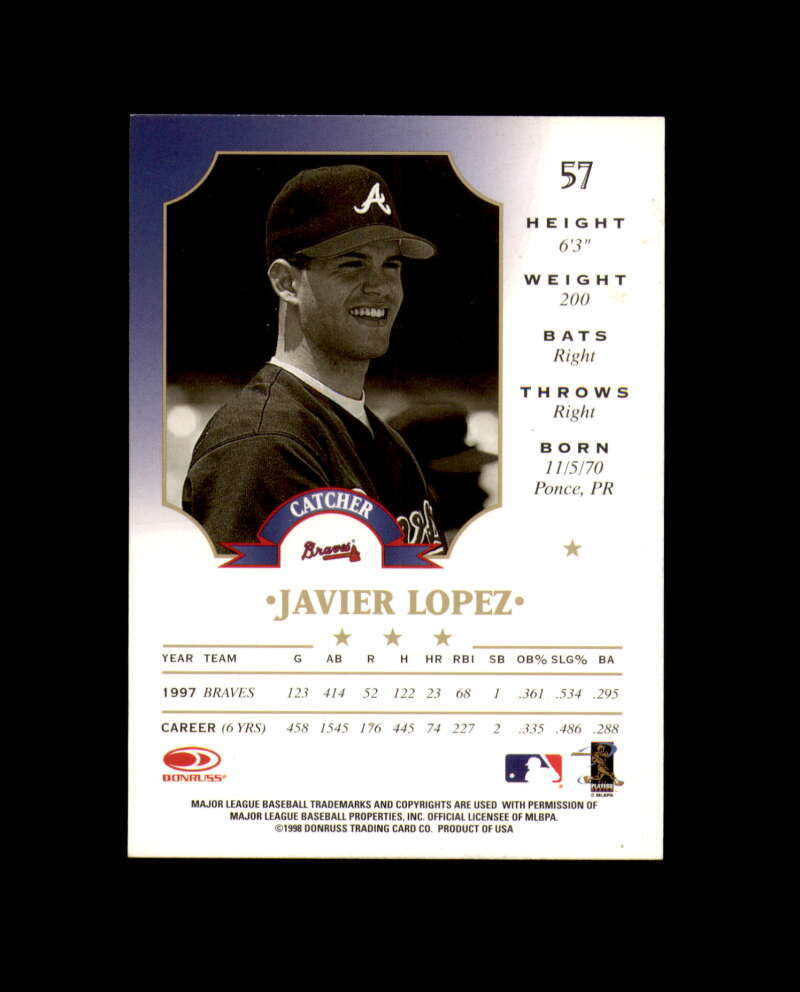 Javier Lopez Hand Signed 1998 Leaf Atlanta Braves Autograph