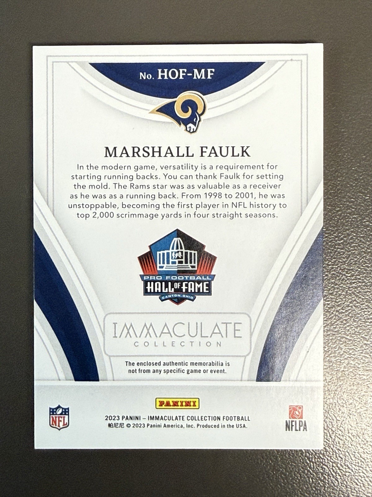 2023 Immaculate Marshall Faulk #HOF-MF Hall of Fame Gold Patch /10