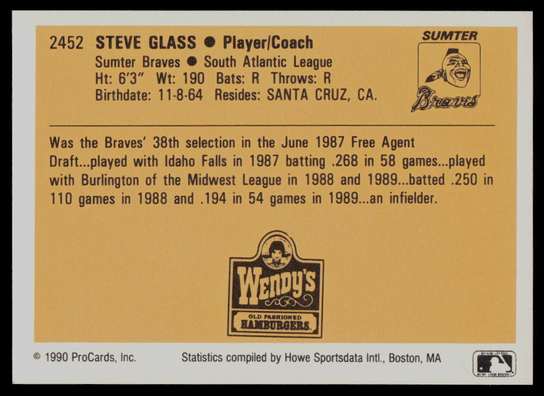 1990 ProCards Steve Glass Sumter Braves