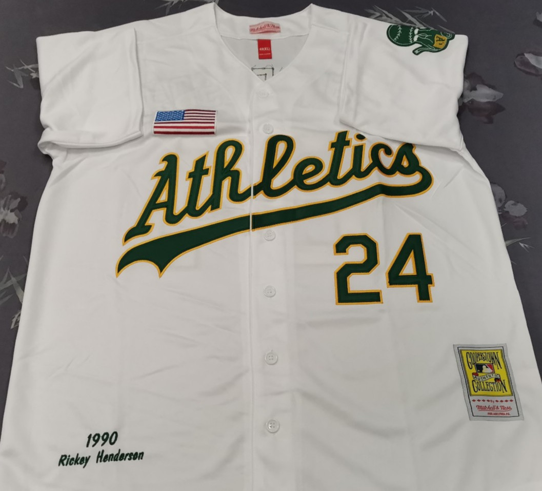 VINTAGE Rickey Henderson #24 Athletics Throwback White Sewn Stitched Jersey.