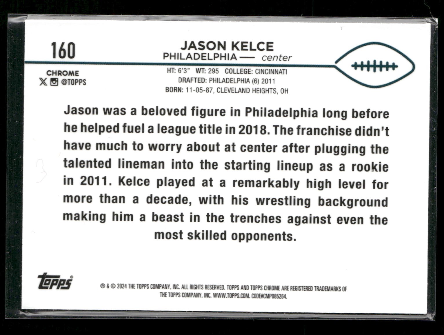 2024 Topps Chrome #160 Jason Kelce Purple Speckle Refractor SN #/275