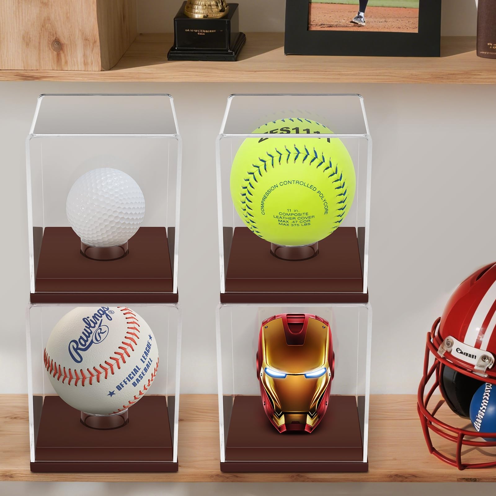 Softball Baseball Tennis Sports Ball Storage with Wooden Base Acrylic Display