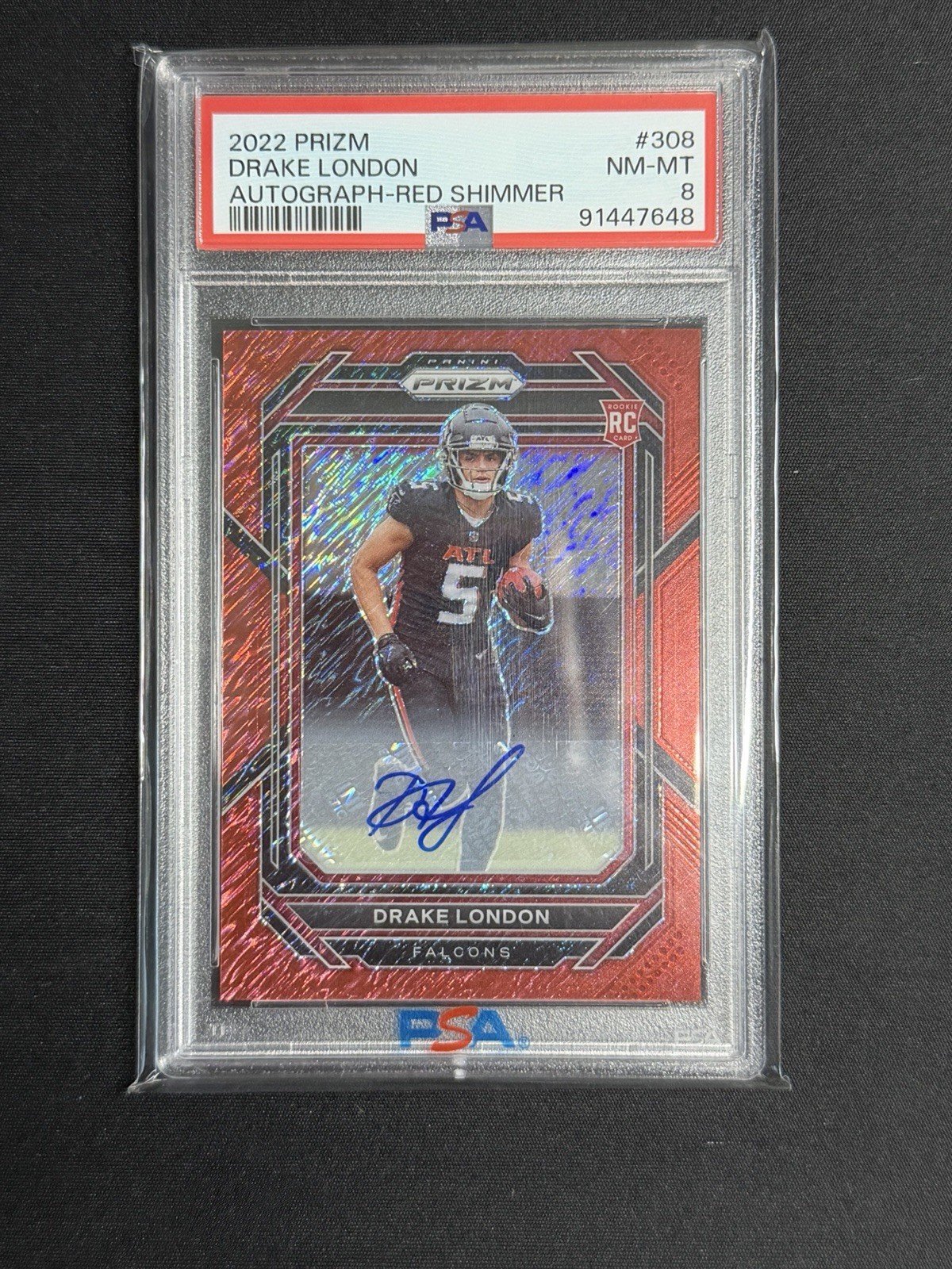 Drake London 2022 Panini Prizm #308 Red Shimmer RC Auto /35 PSA 8