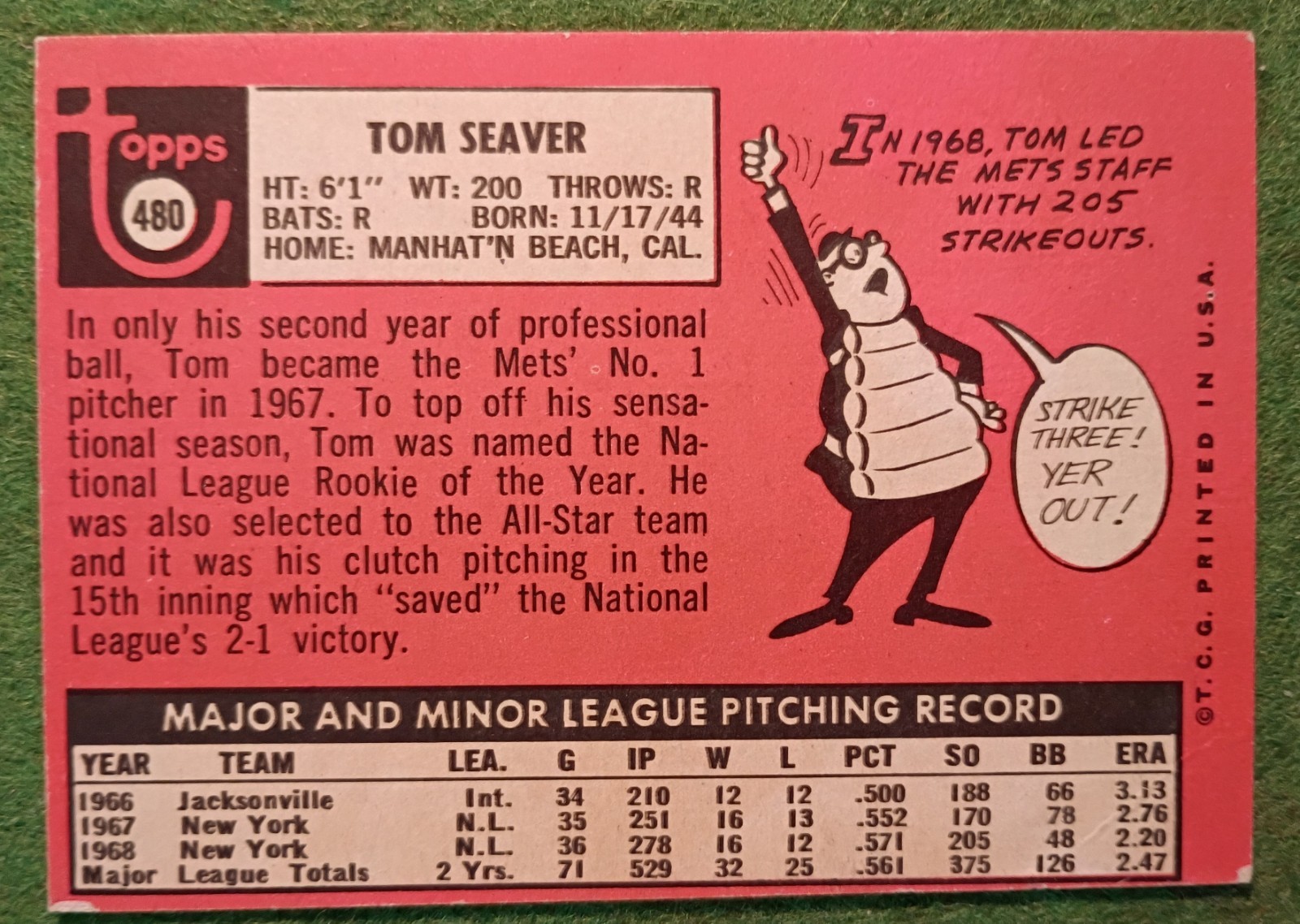 1969 Topps Baseball Tom Seaver New York Mets Reds Boston Red Sox #480 VG+ VGEX