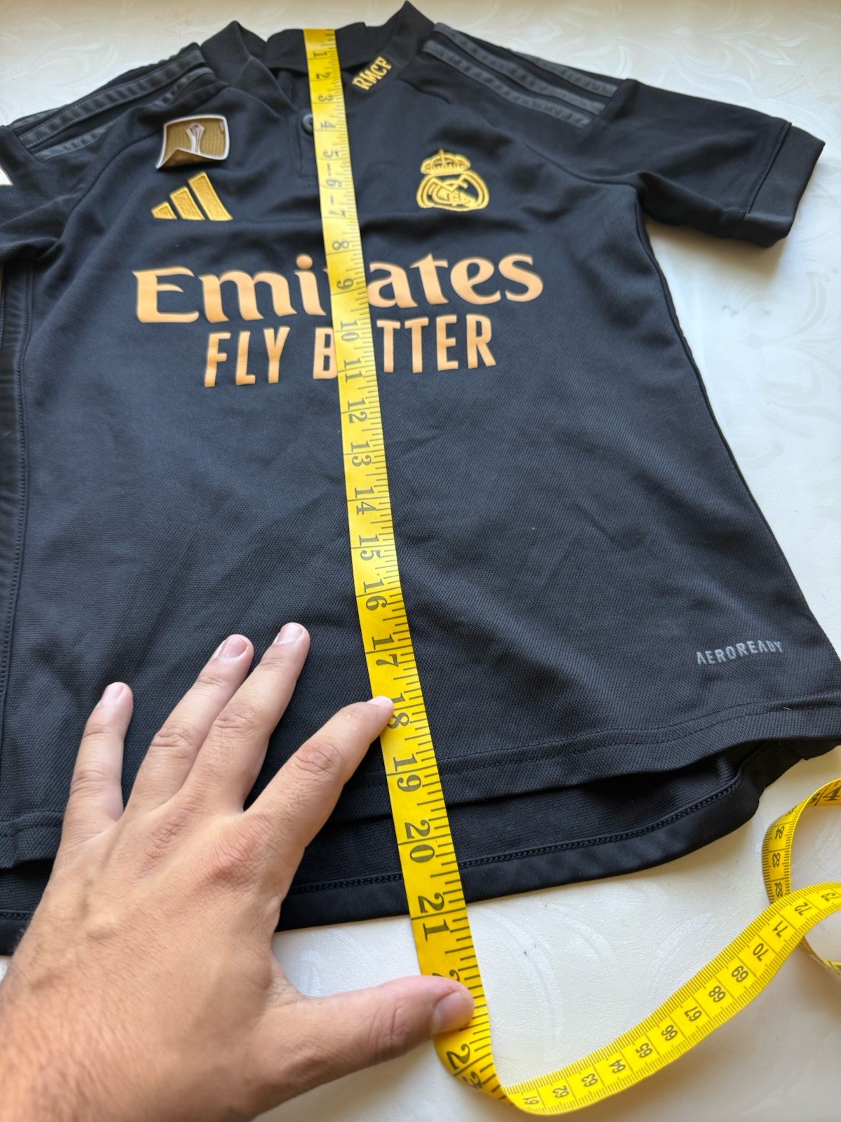 Real Madrid Tchouameni RMCF Adidas Black Emirates Fly Better Jersey Youth 9-10Y