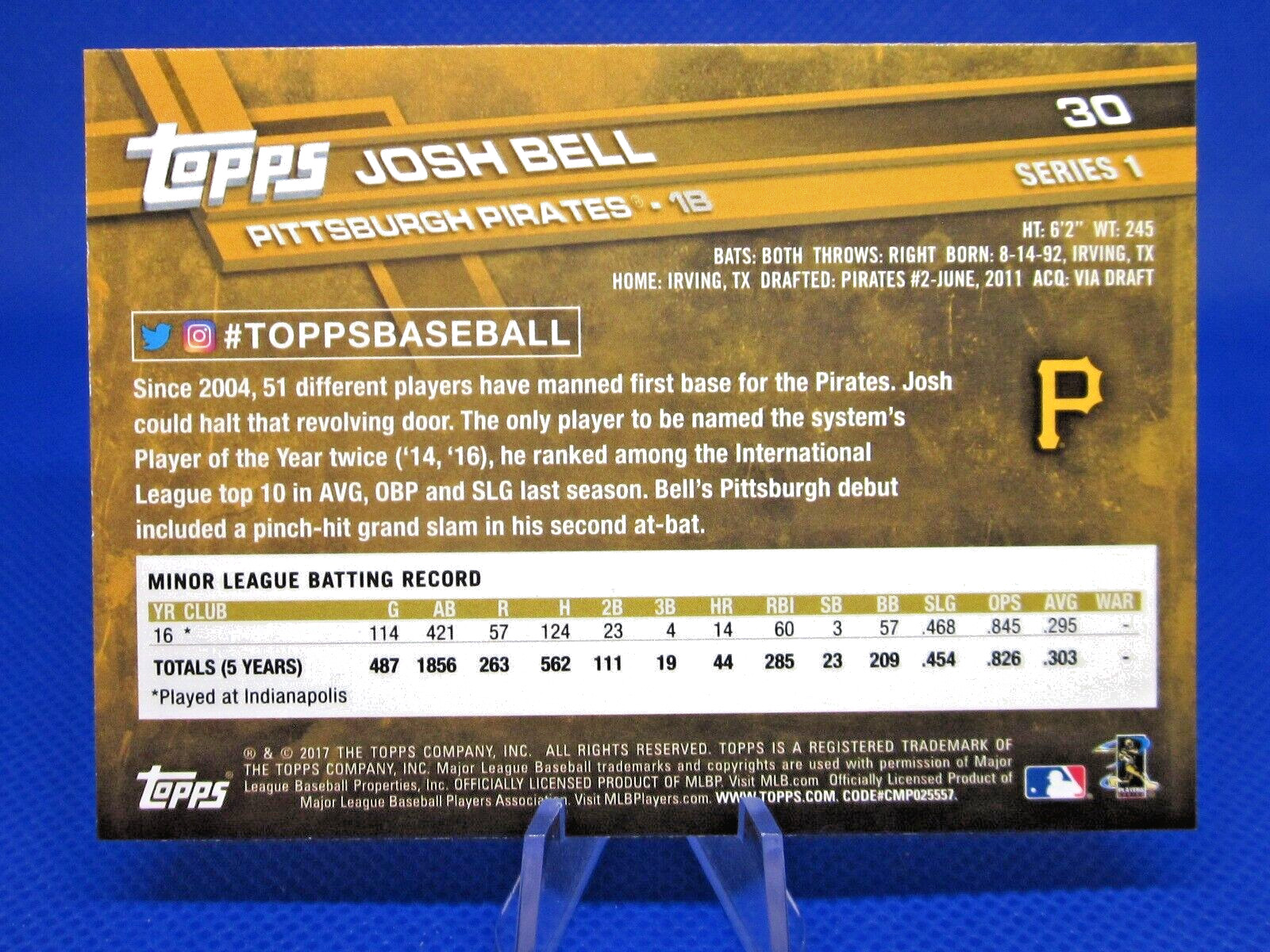 2017 TOPPS SERIES 1 #30 JOSH BELL SHORT PRINT SP VARIATION PITTS PIRATES ROOKIE