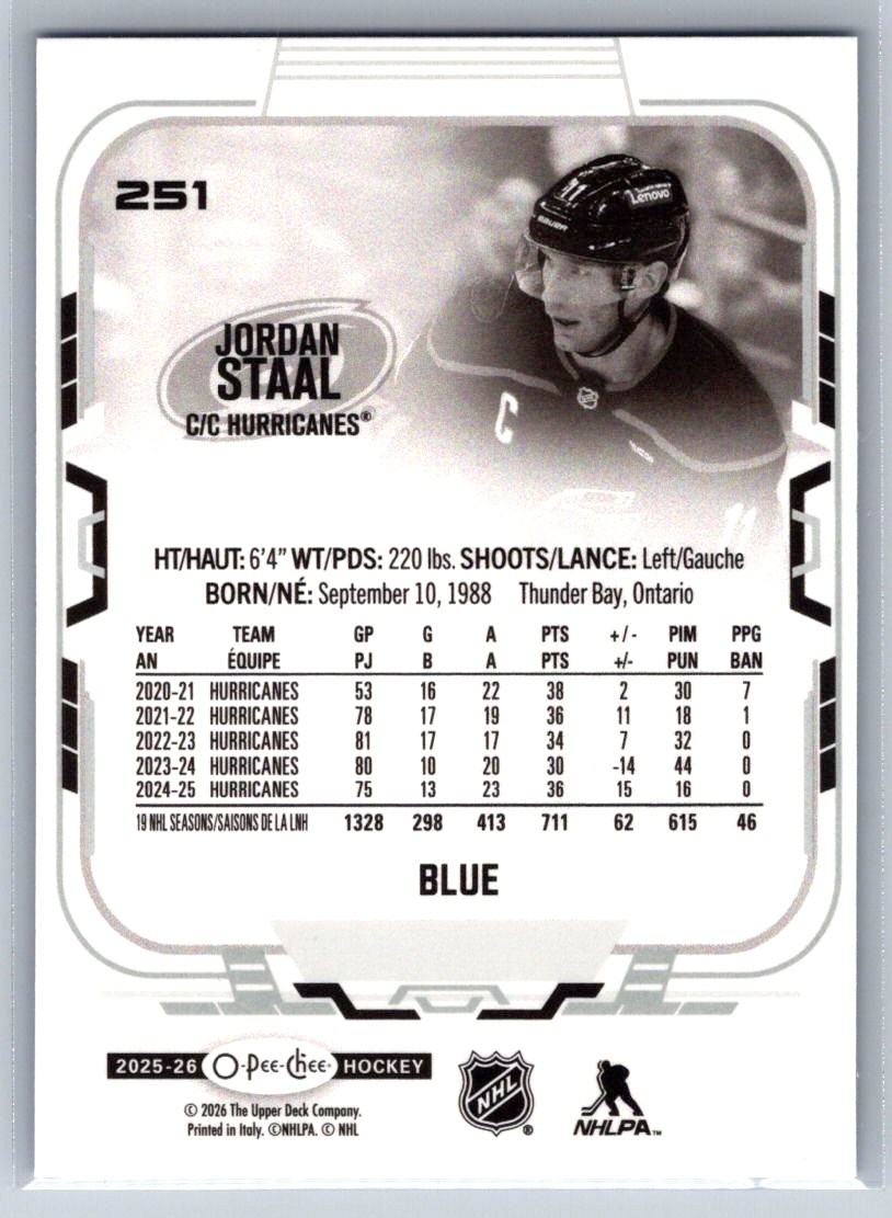 2025-26 O-Pee-Chee #251 Jordan Staal Blue Border Carolina Hurricanes