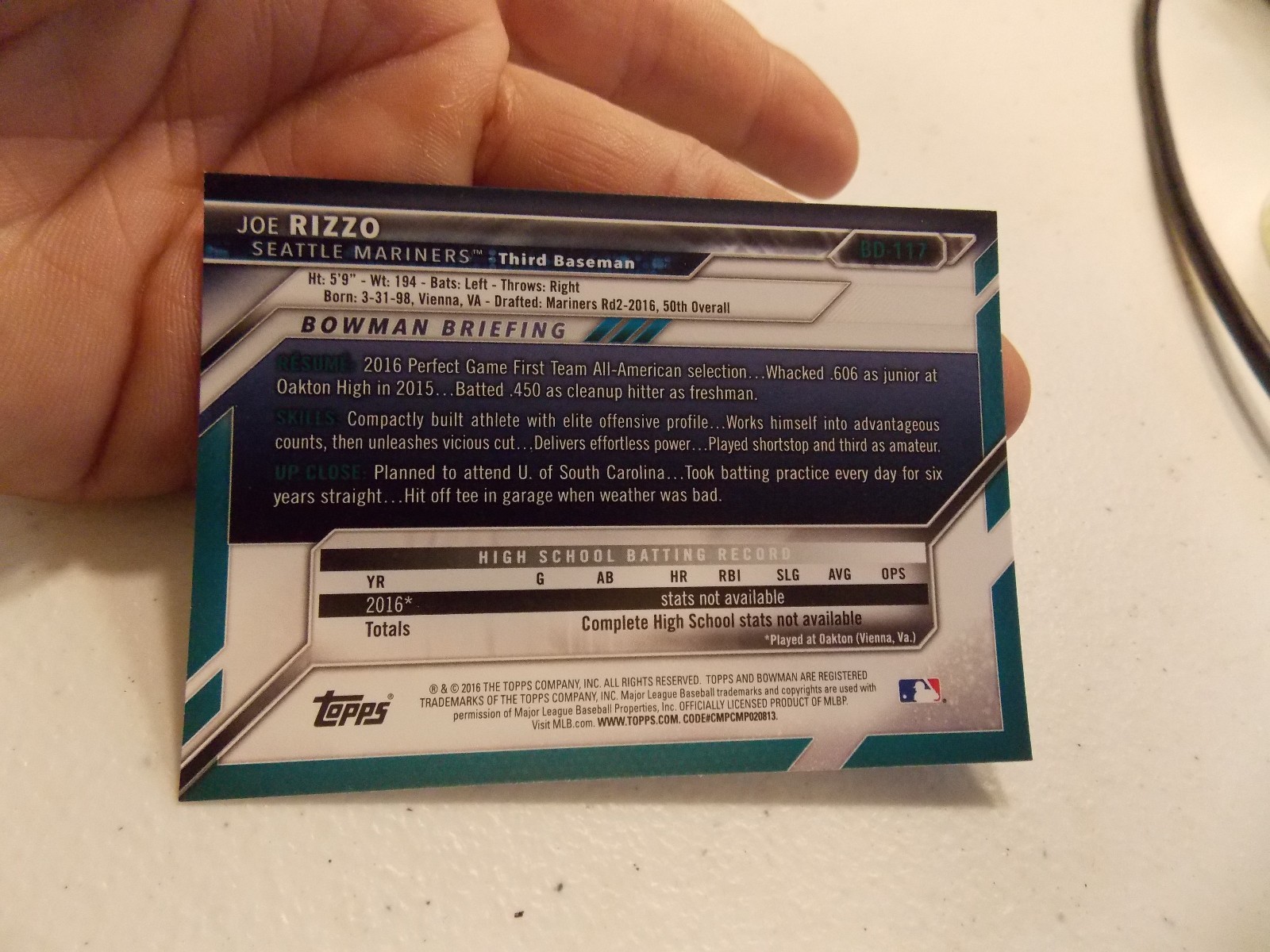 2016 Bowman Draft #BD117 Joe Rizzo – Modesto Nuts Seattle Mariners Hot