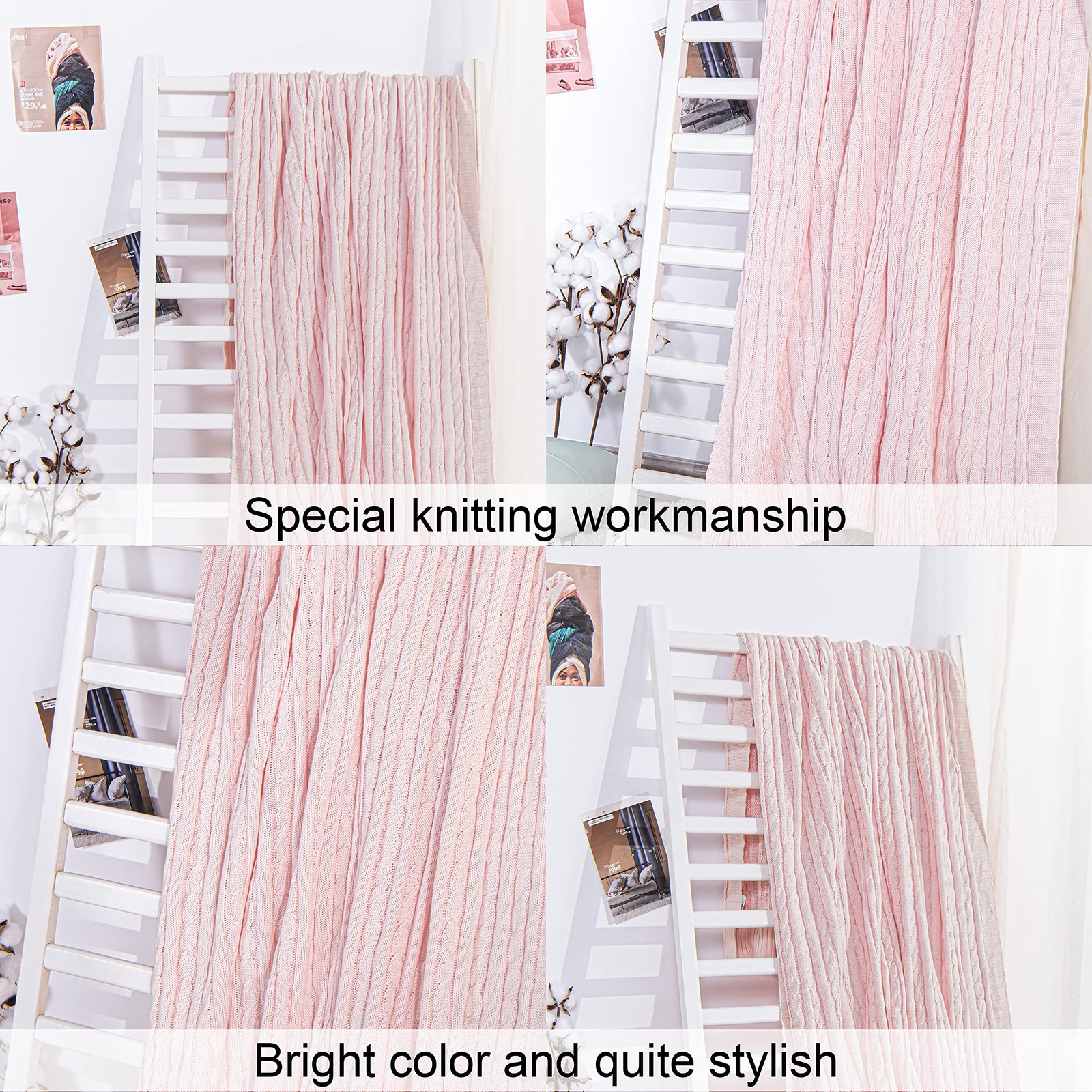 NTBAY 100% Pure Cotton Cable Knit Throw Blanket, Throw(51″x67″), Baby Pink