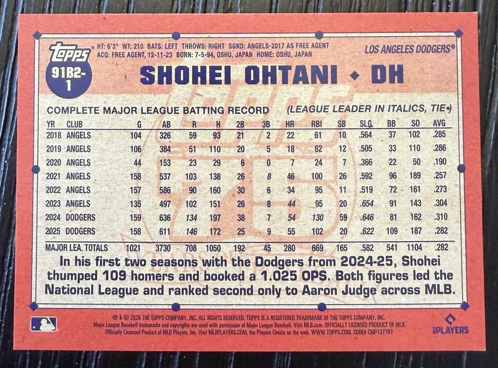 2026 Topps Series 2 #91B2-1 Shohei Ohtani 1991 Crackle Foil Insert Card Dodgers