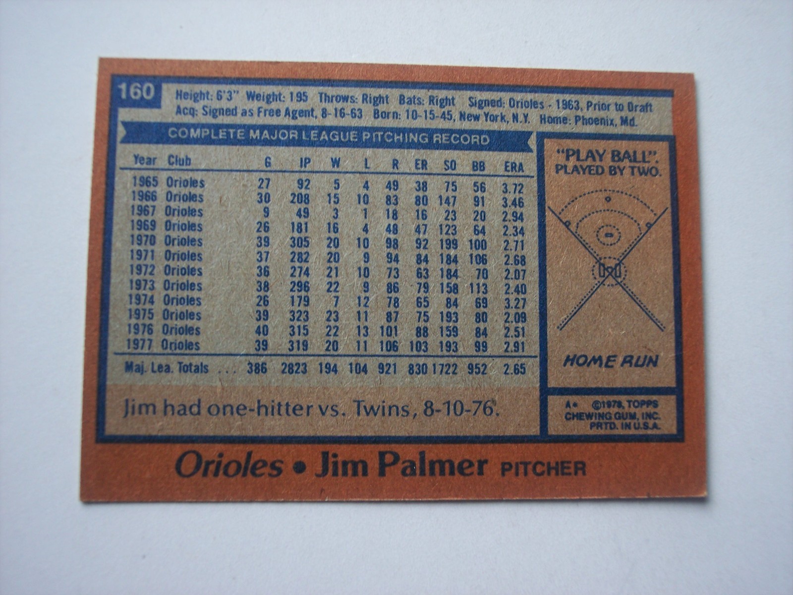 1978 Topps baseball Jim Palmer card #160 VG+