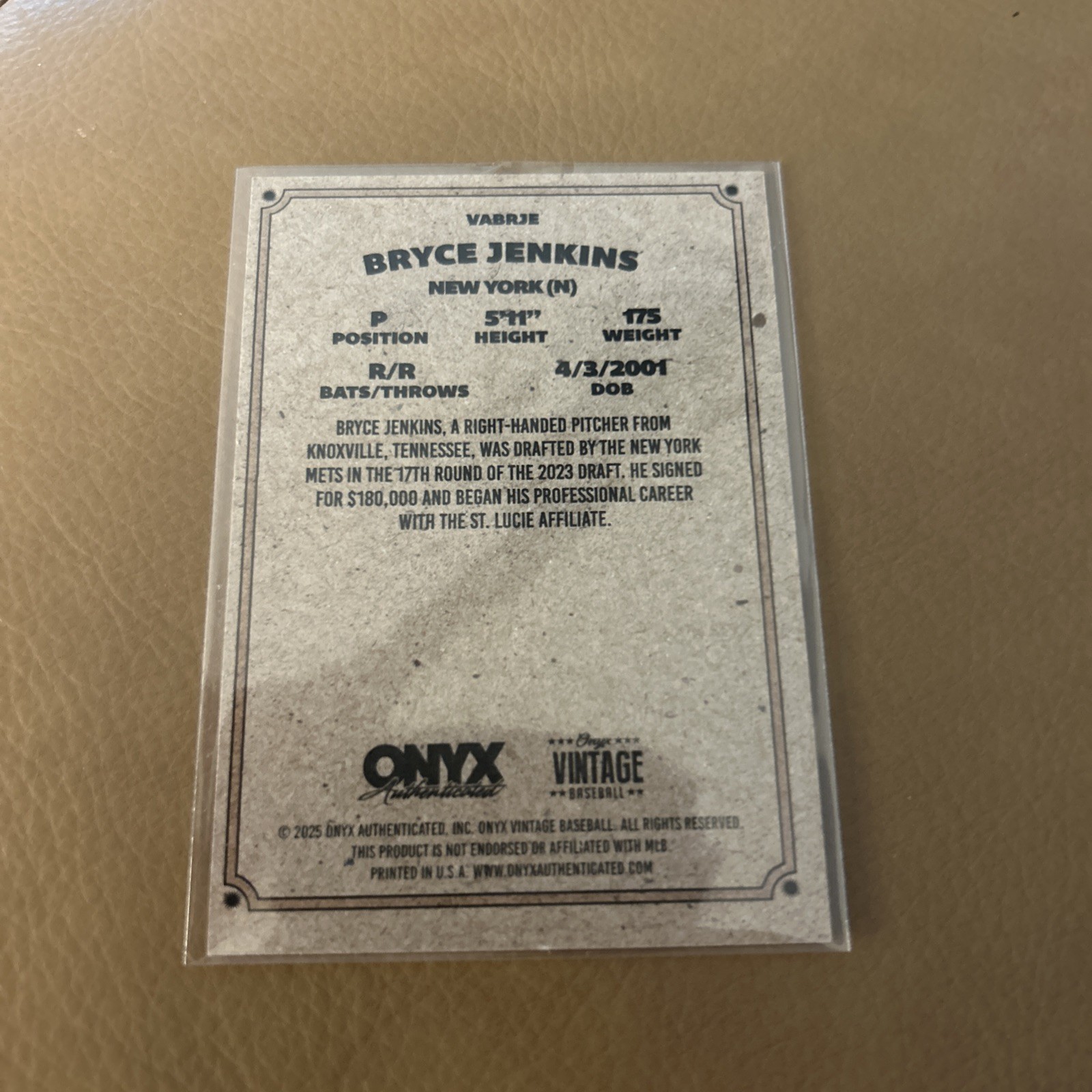 Bryce Jenkins 2025 Onyx Vintage Extended ON CARD AUTO #VABRJE New York Mets