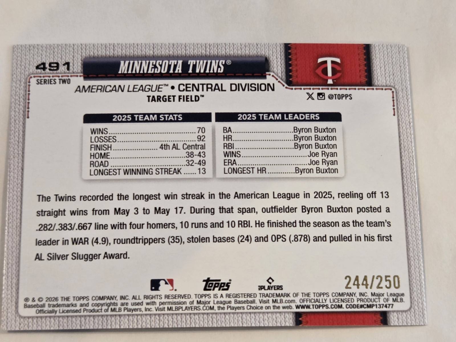 2026 Topps Series 2 – Minnesota Twins #491 Purple Rainbow Foil /250