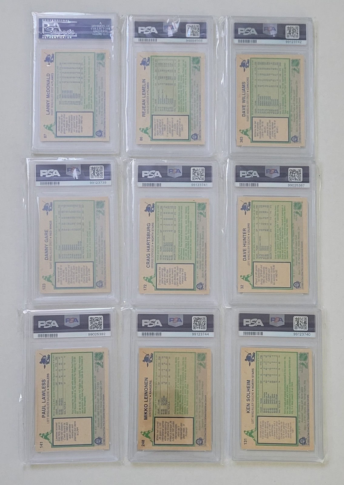 Lot of 9 1983-84 O-Pee-Chee OPC Hockey – All PSA 10 GEM MINT – 3 Rookie Cards RC