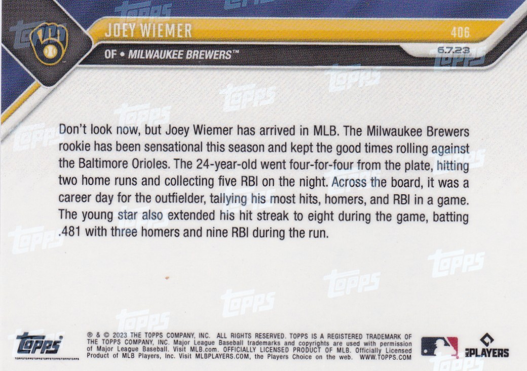 2023 TOPPS NOW #406 JOEY WIEMER- MILWAUKEE BREWERS