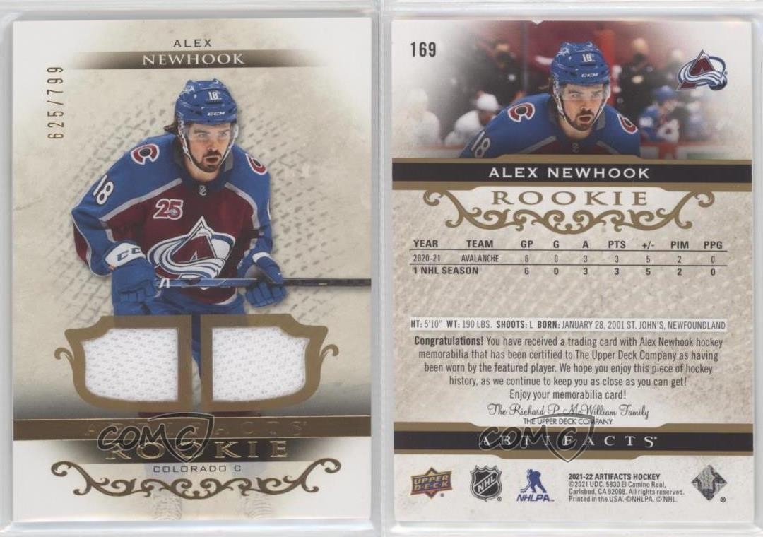 2021 Artifacts Rookies Gold Material Relics 625/799 Alex Newhook Rookie RC 14sr