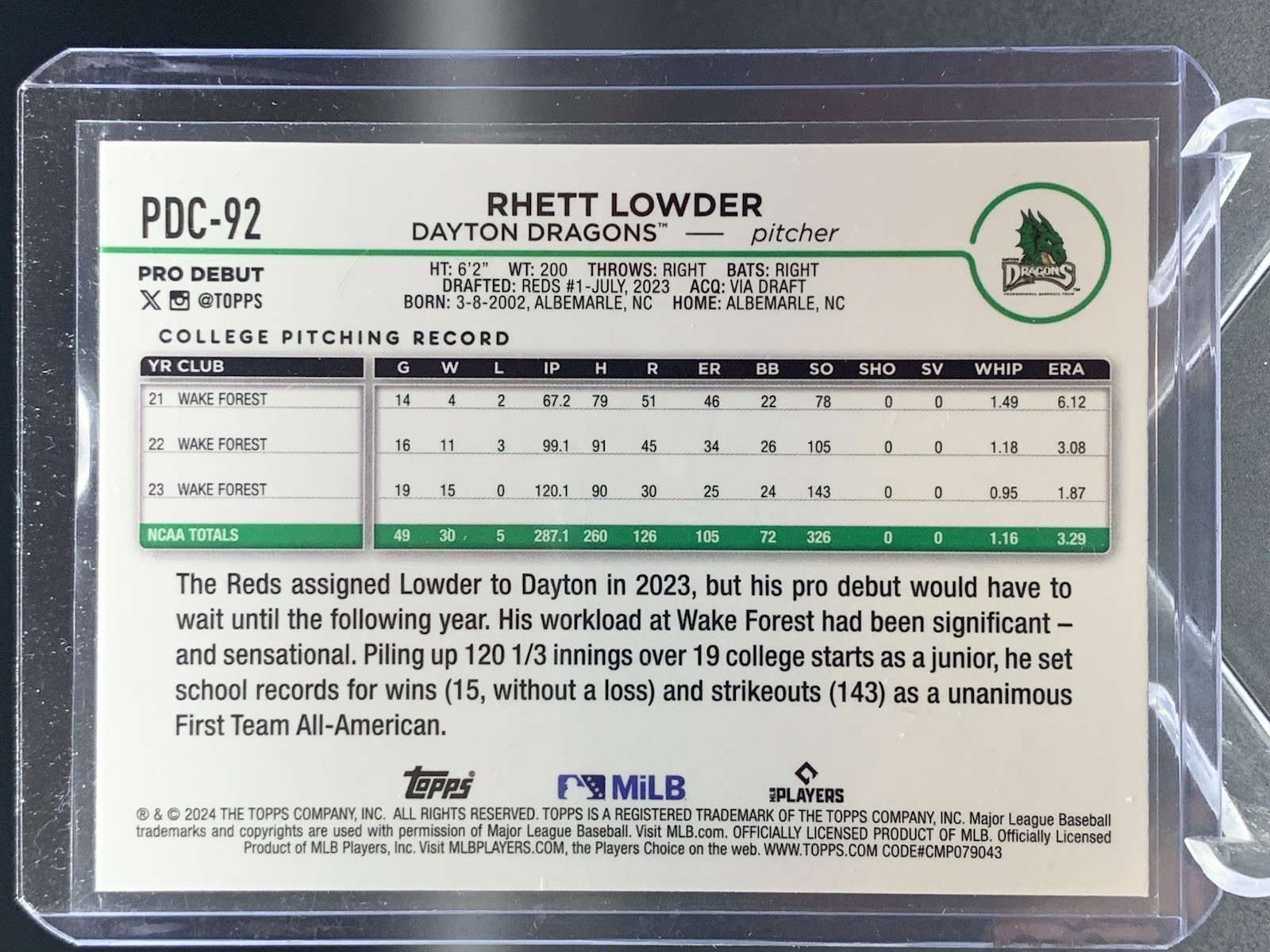 Rhett Lowder 2024 Topps Chrome Pro Debut 35/75 Aqua Refractor #PDC-92 Dragons