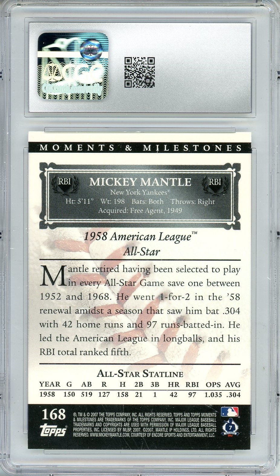 2007 TOPPS MOMENTS AND MILESTONES #78 MICKEY MANTLE 13 RUNS BATTED IN CGC 9.5