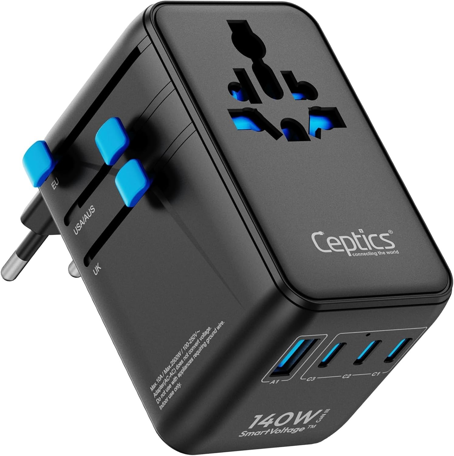 Ceptics 6-in-1 International Adapter, 140W PD USB-C, 1USB-A/3USB-C,CE/RoHS