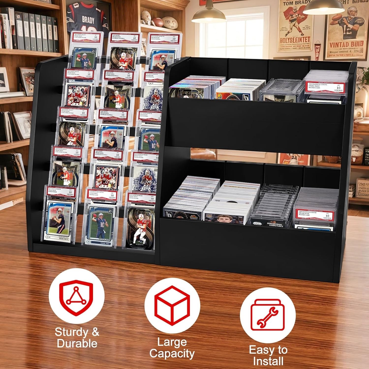 NEW 5 Tier Trading Card Display Case Stand Holds 200 Cards Wood Card Holder