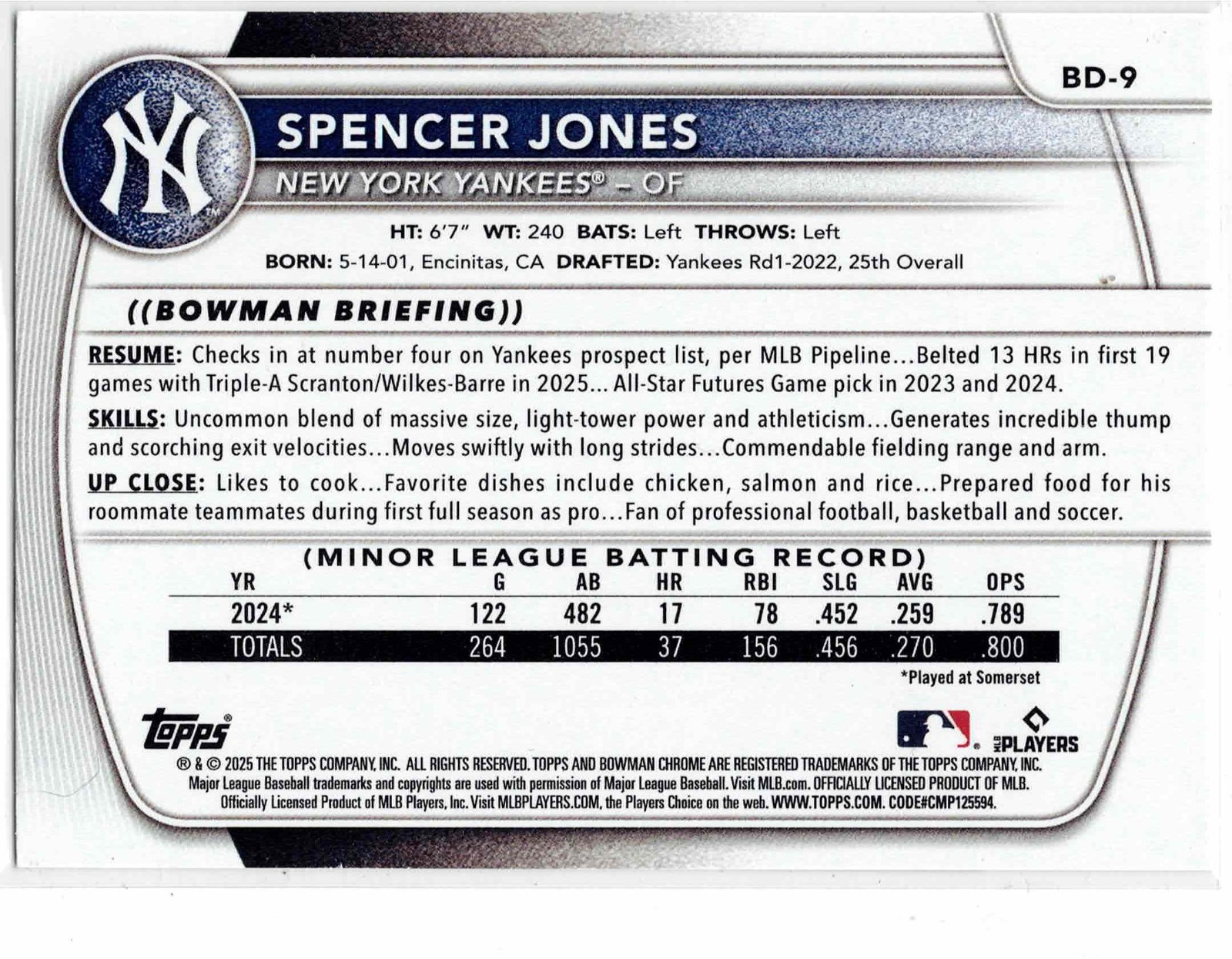 Spencer Jones New York Yankees 2025 Bowman Draft ****