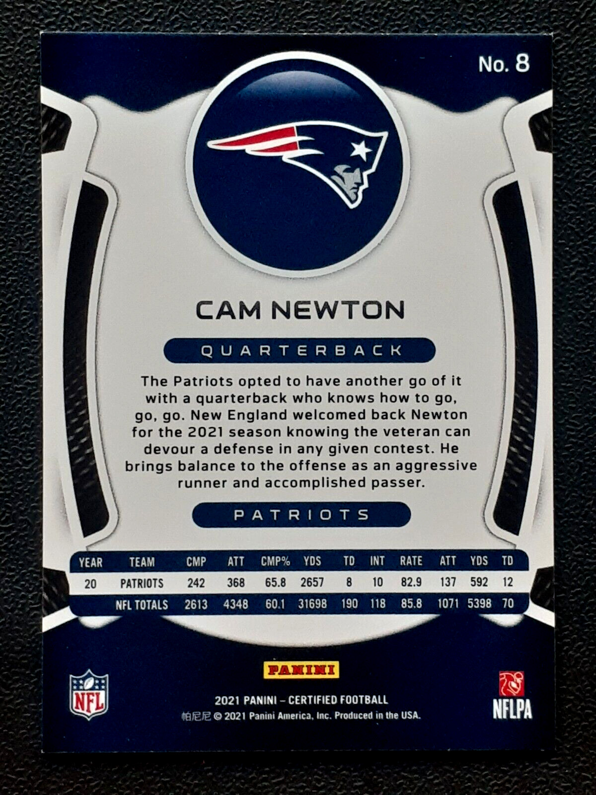CAM NEWTON 2021 PANINI CERTIFIED NO 8 34160