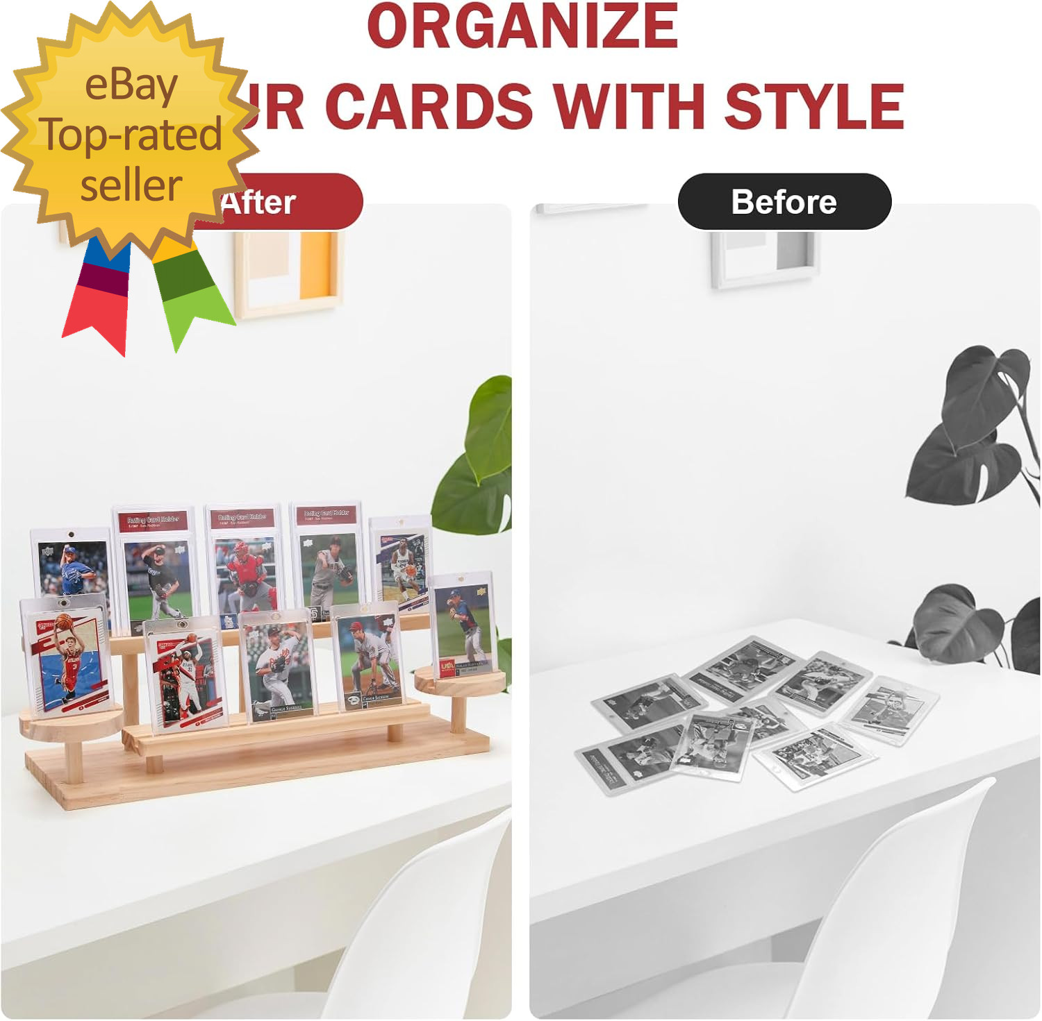 Wooden Trading Card Display Stand 3 Tier Card Holder for Graded Sports and TCG C